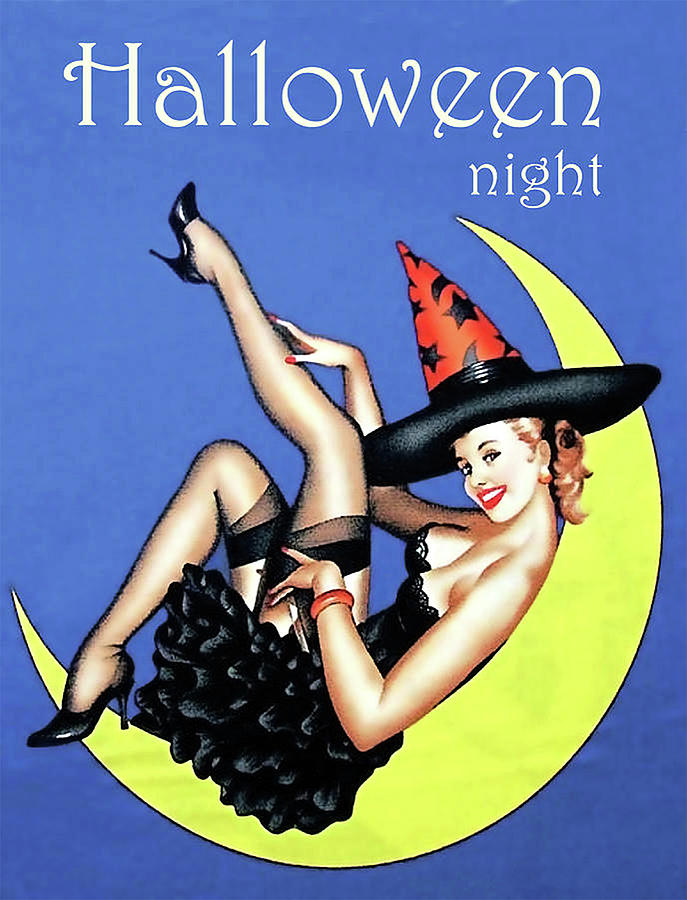 Vintage Pin-Up Witch On Moon by Doc Braham.