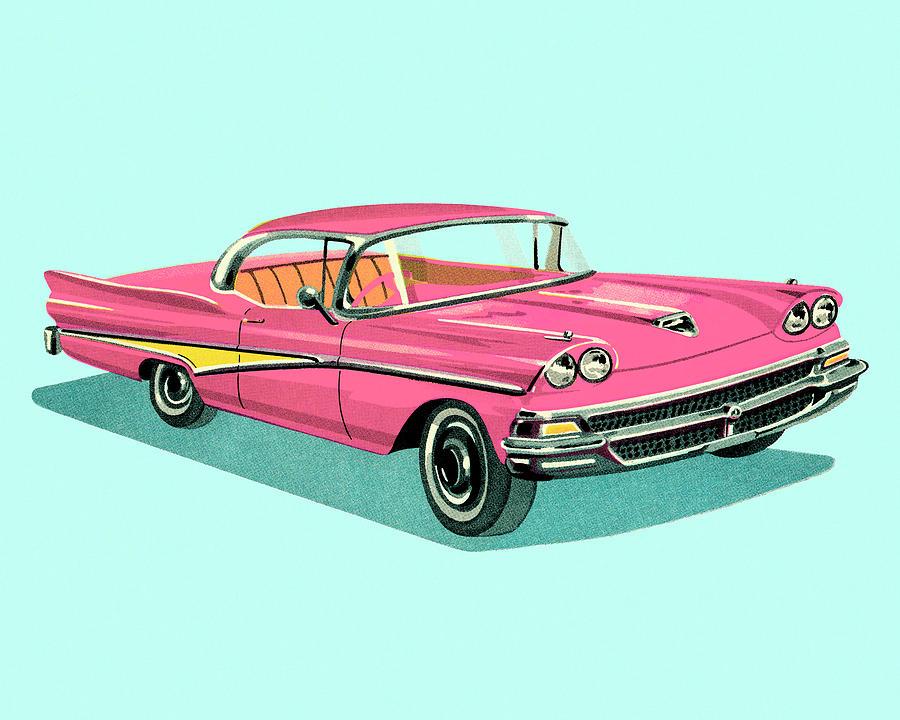 Transportation Drawing - Vintage Pink Car by CSA Images