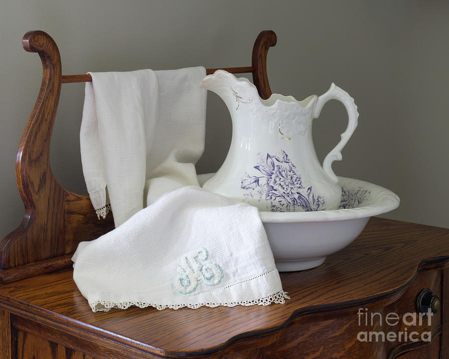 Vintage Pitcher with Basin with Monogrammed Towel Photograph by MM Anderson