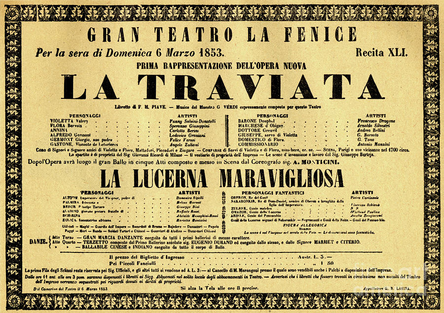 Vintage Poster Advertising A Performance Of La Traviata By Verdi Drawing by Unknown