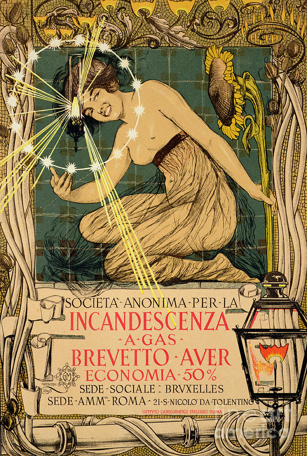 Vintage Poster advertising Incandescent Gas Lamps, 1895 Painting by Giovanni Maria Mataloni