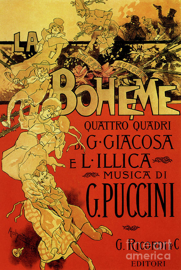 Vintage Poster by Adolfo Hohenstein for opera La Boheme by Giacomo Puccini Drawing by Adolfo Hohenstein