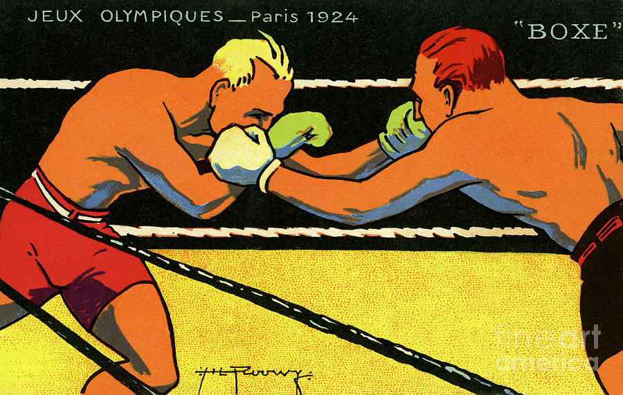 Vintage poster for 1924 Paris Olympics showing two boxers boxing Painting by French School