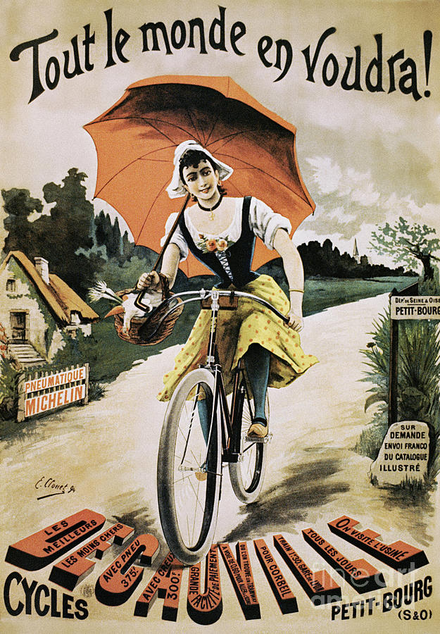Sports Drawing - Vintage Poster Of Woman Riding Bicycle Holding Red Umbrella, 1894 by Emile Clouet