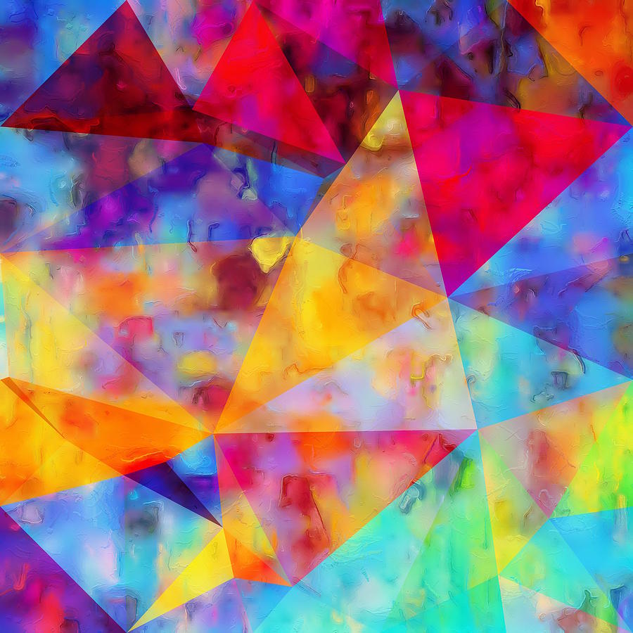 Vintage Psychedelic Triangle Polygon Pattern Abstract In Orange Yellow Red Blue Purple Digital Art