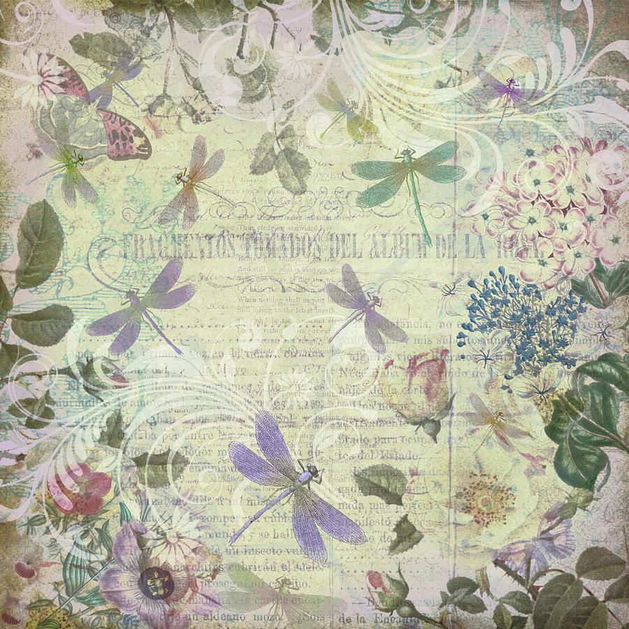 Vintage Romantic Botanical with Dragonflies Drawing by Peggy Collins