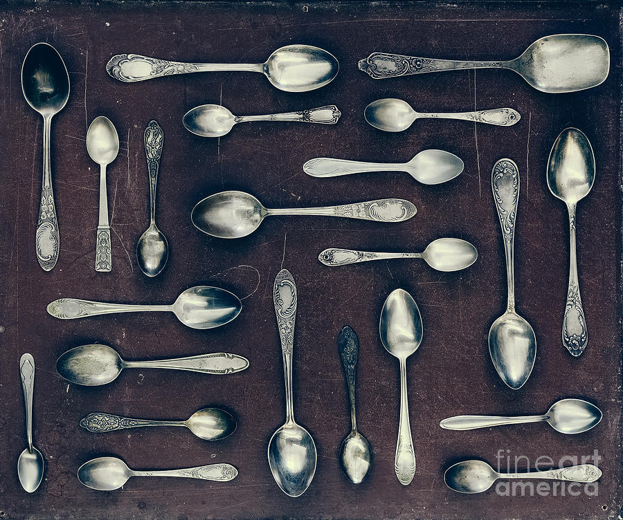 Steel Photograph - Vintage Set Of Dessert Spoons On A Dark by Evgeniya Porechenskaya
