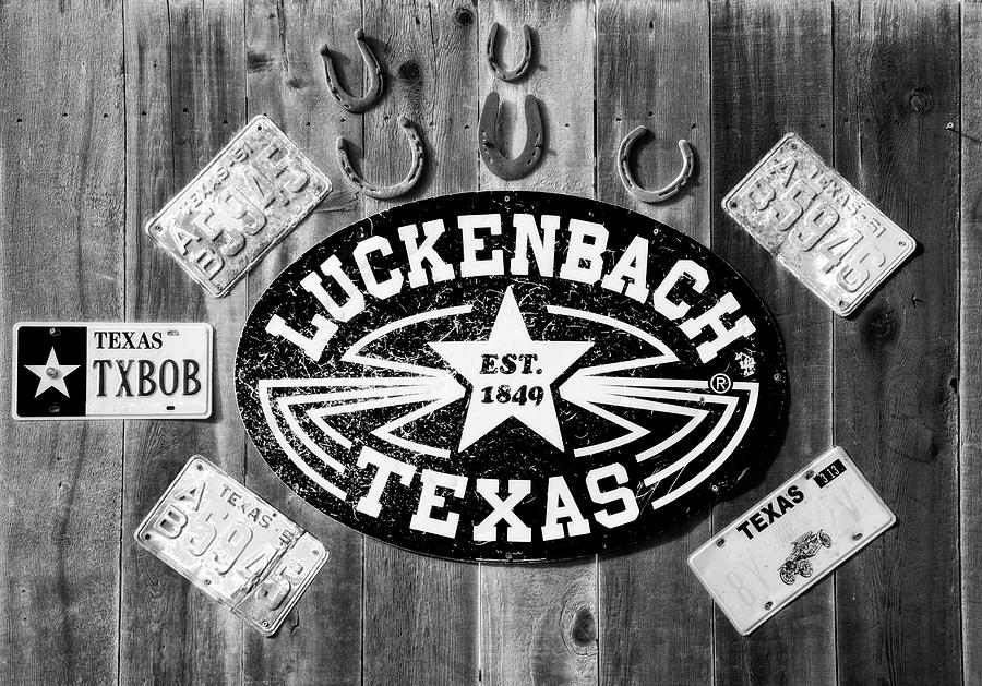 Vintage Signs of Luckenback Texas in Black and White Photograph by Lynn Bauer