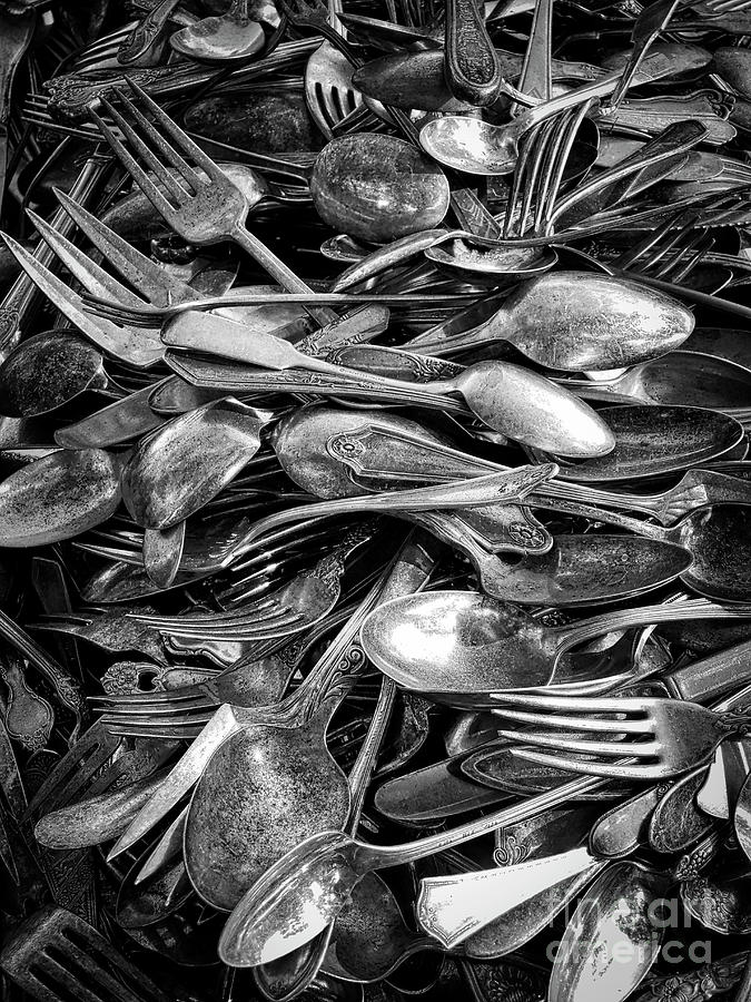 Black And White Photograph - Vintage Silverware in Black and White by Carol Groenen