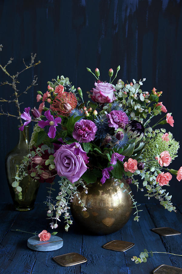 Vintage-style Bouquet Of Roses, Pinks, Eucalyptus, Clematis, Proteas, Banksia, St. Johns Wort, Sea Holly And Wild Carrot Photograph by Elisabeth Berkau