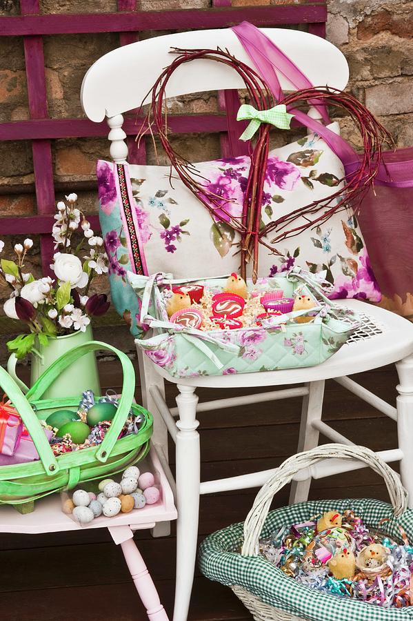 Vintage-style Chair With Cushions And Easter Decorations Photograph by Linda Burgess