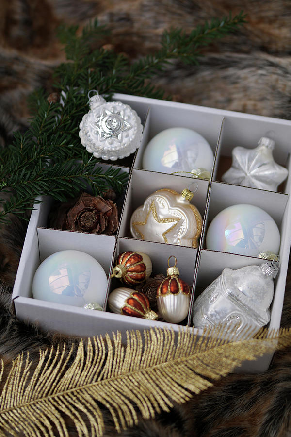 Vintage-style Christmas Tree Baubles In Divided Box Photograph by Angelica Linnhoff