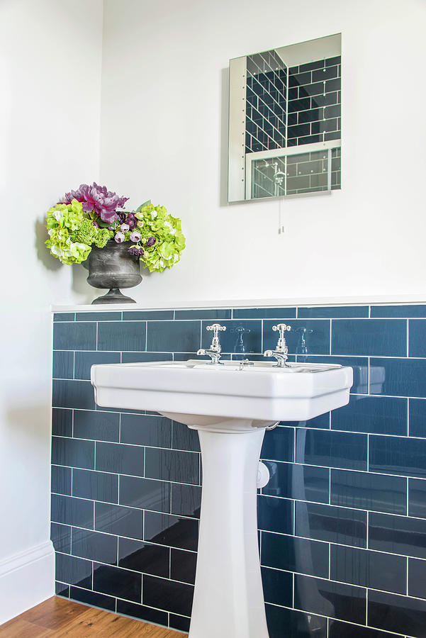 Vintage-style Sink Against Wall Tiled To Half Height With Ledge Photograph by Stuart Cox