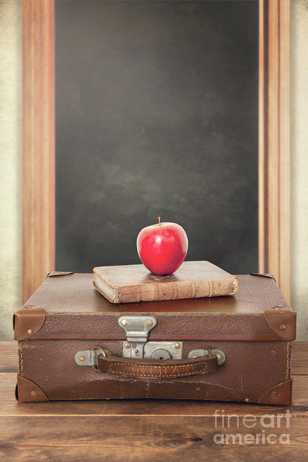 Vintage Suitcase With Old Book And Chalkboard Photograph by Ethiriel Photography