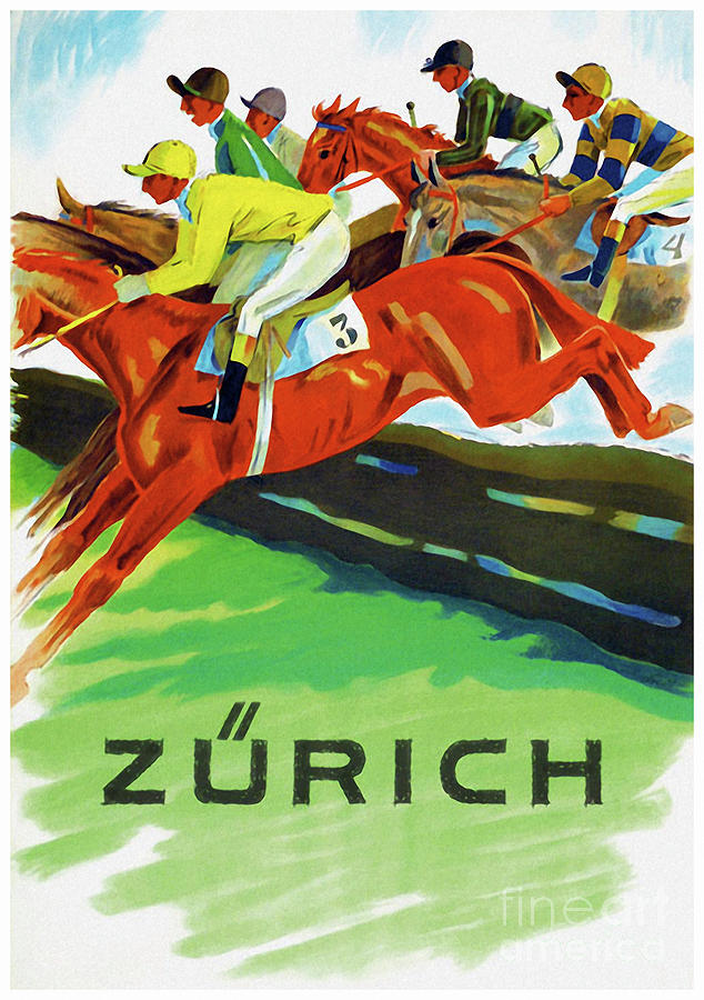 Vintage Painting - Vintage Swiss horse racing sport ad Switzerland by Tina Lavoie