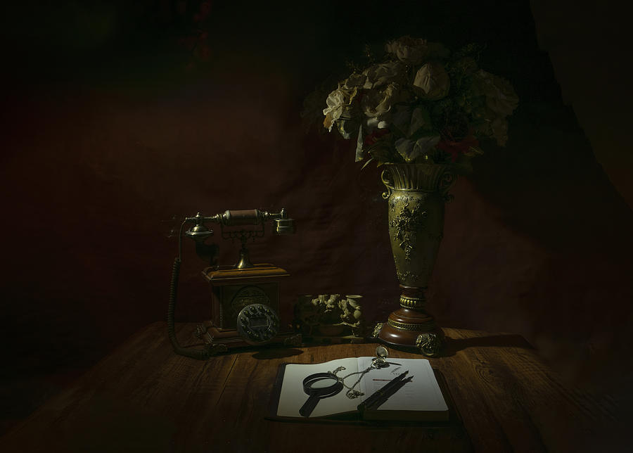 Still Life Photograph - Vintage Telephone And Antique Vase by Betty Liu