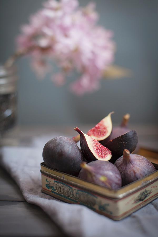 Vintage Tin Full Of Fresh Figs Topped With A Quartered Fruit Photograph by Victoria Harley