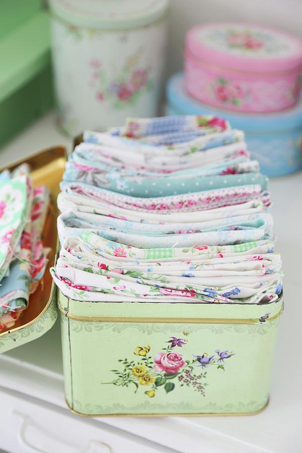 Vintage Tin With Floral Pattern For Storing Scraps Of Pastel Fabrics Photograph by Syl Loves