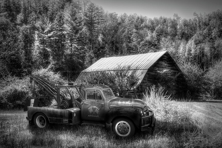 Vintage Towing in Autumn in Black and White Photograph by Debra and Dave Vanderlaan