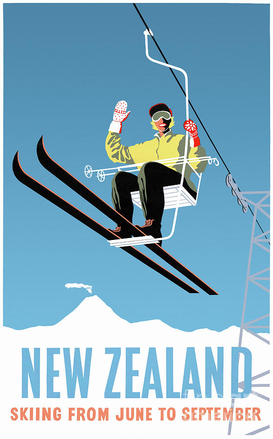 New Zealand Vintage Travel Poster Skiing Restored Drawing