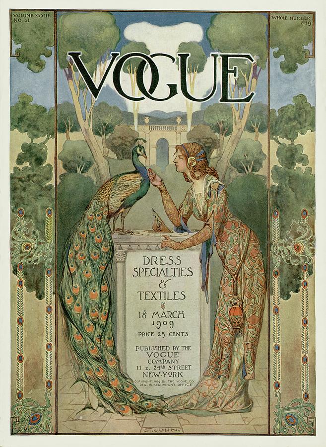 Vintage Vogue Cover Of A Woman Feeding A Peacock Painting by St John