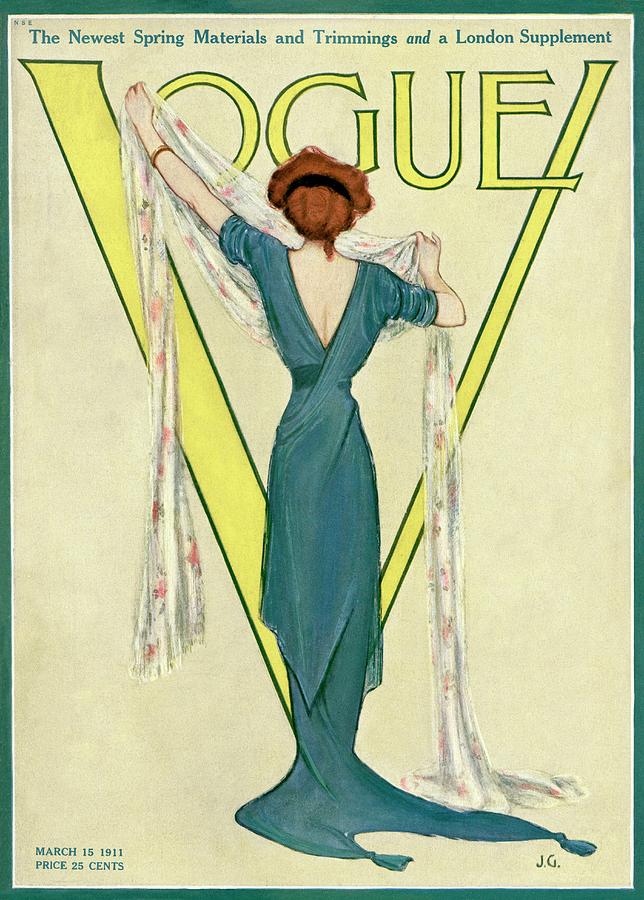 Vintage Vogue Cover Of A Woman Holding Up A Scarf Painting by Jessie Gillespie