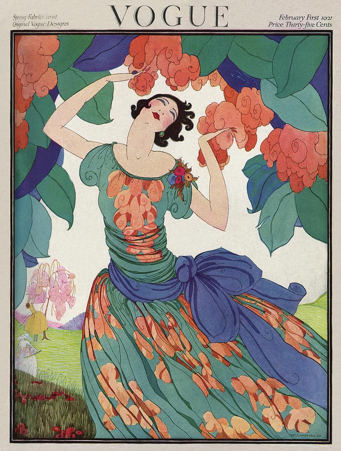 Vintage Vogue Cover Of A Woman In A Floral Dress Painting by Helen Dryden