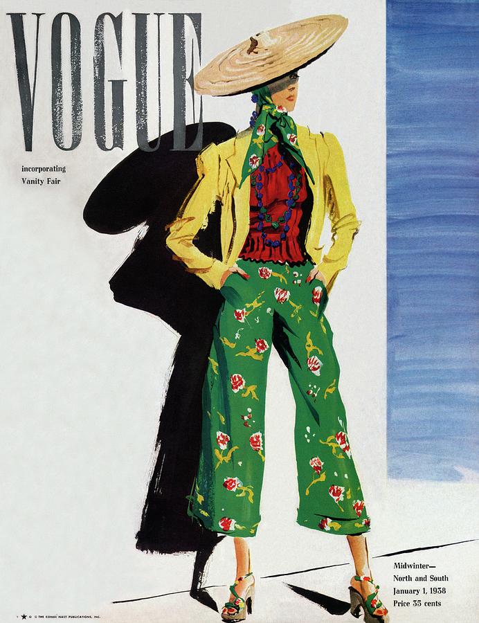 Vintage Vogue Cover Of A Woman In Green Florals Painting by Rene Bouet-Willaumez