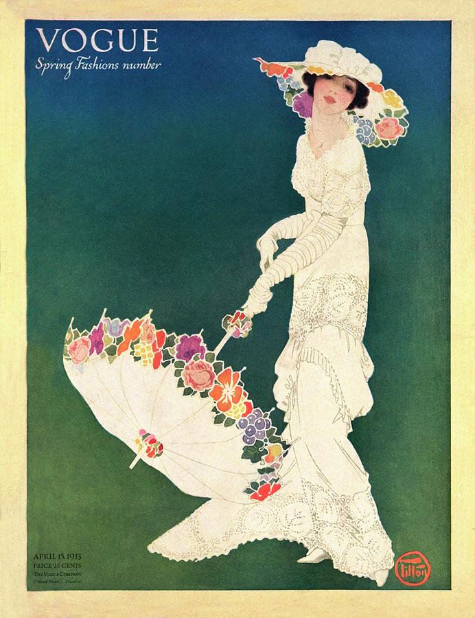 Vintage Vogue Cover Of A Woman In White Lace Painting by Mrs Newell Tilton