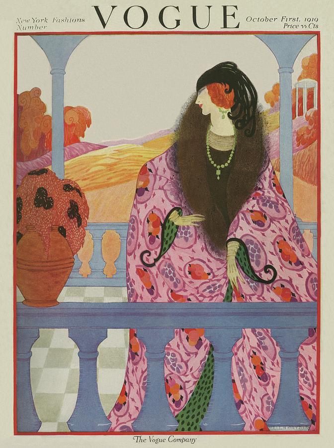 Vintage Vogue Cover Of A Woman On A Porch Painting by Helen Dryden