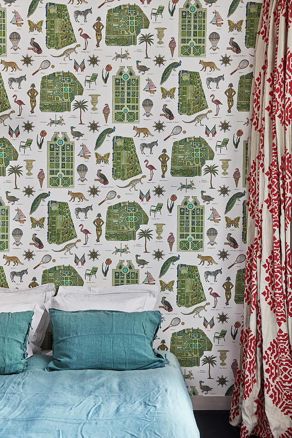 Vintage Wallpaper With Pattern Of Exotic Objects In Bedroom Photograph by Birgitta Wolfgang Bjornvad