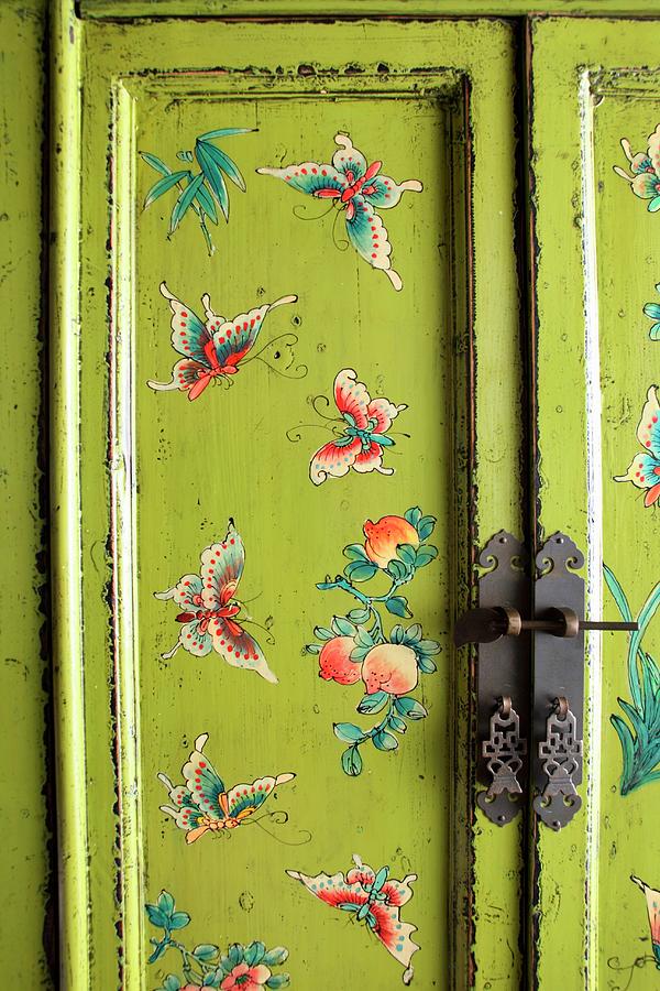 Vintage Wardrobe With Butterfly Motifs Painted On Spring Green Background Photograph by Steven Morris