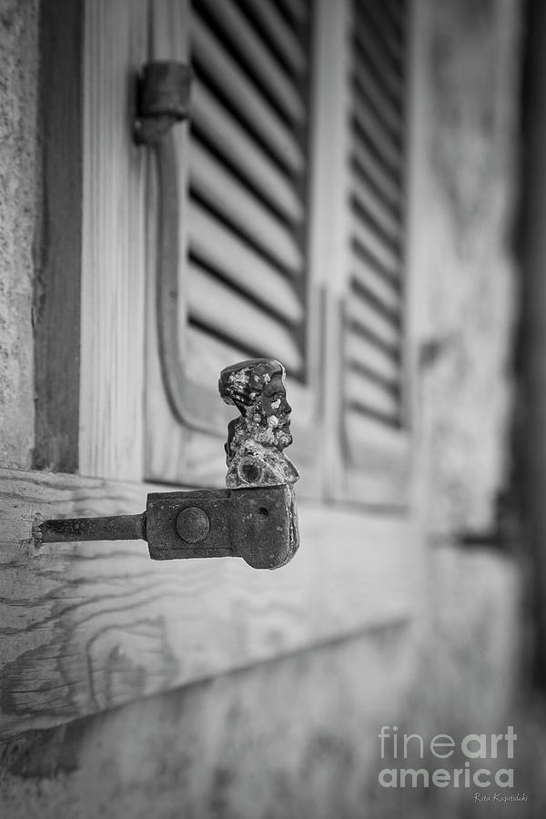 Vintage Photograph - Vintage Whdows Shutters Iron Element in old house.Black and white image by Rita Kapitulski