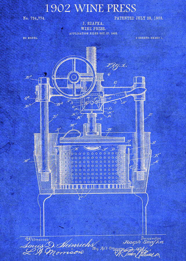 Vintage Wine Press Patent Blueprint Mixed Media by Design Turnpike