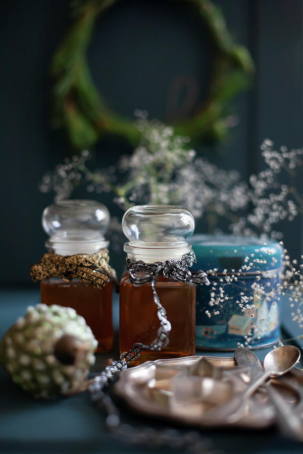 Vintage Winter Arrangement Of Two Jars Of Honey Decorated With Old Ribbons Photograph by Alicja Koll