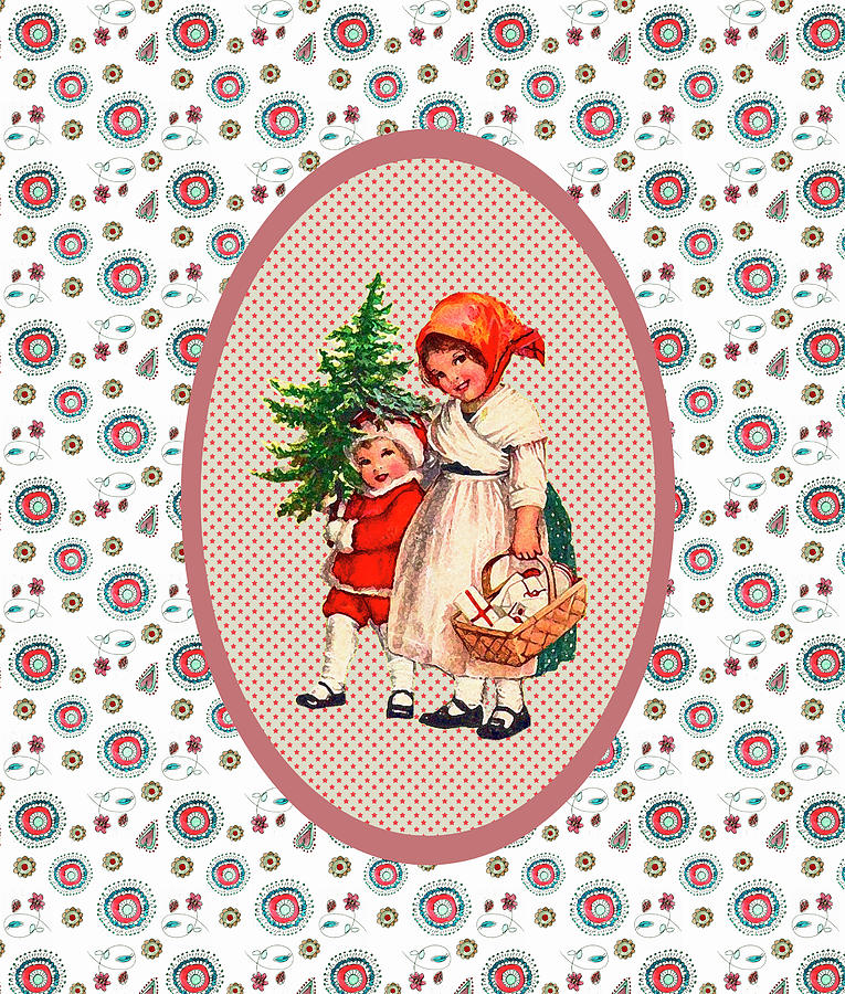 Vintage Mixed Media - Vintage Xmas Children With Tree by Effie Zafiropoulou