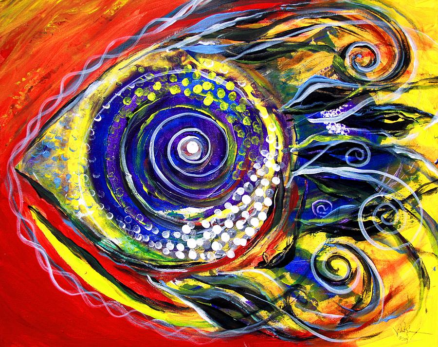 Violet  Fish on Red and Yellow Painting by J Vincent Scarpace