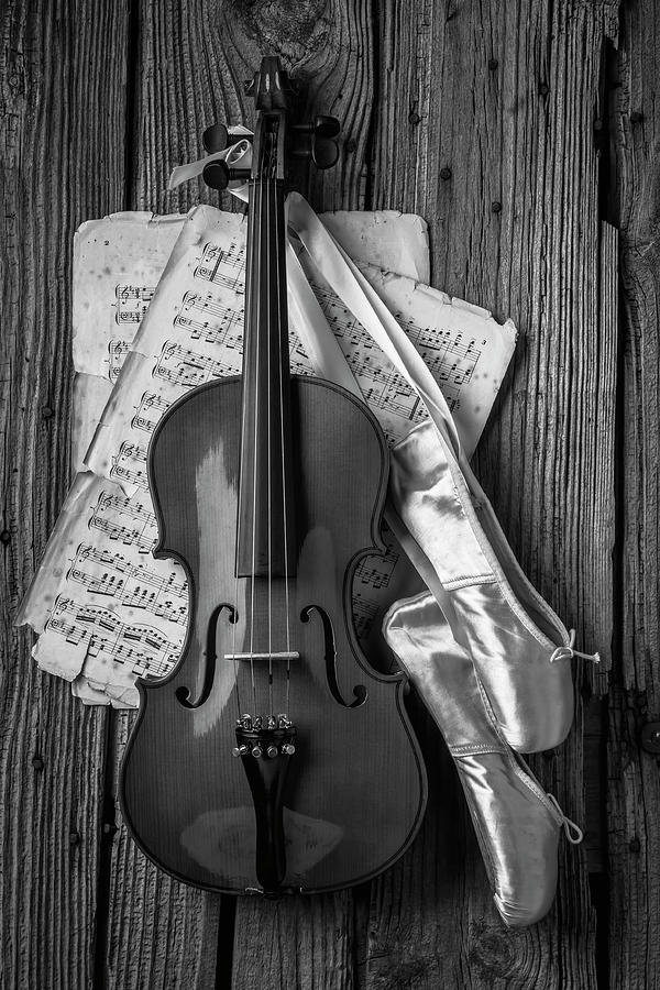 Violin And Ballet Slippers In Black And White Photograph by Garry Gay