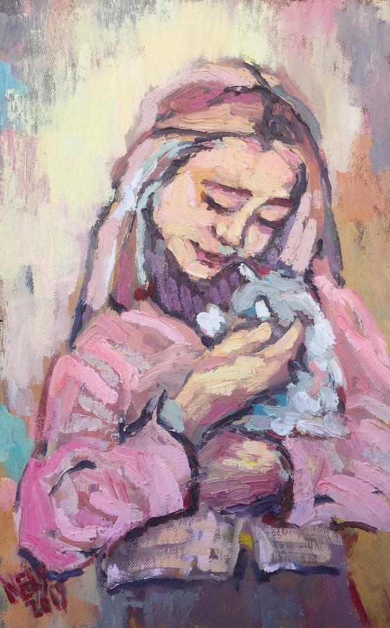 Virgencita con gatita Painting by Nelya Pinchuk