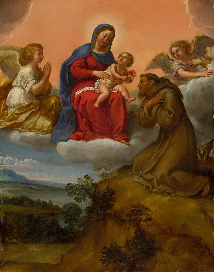Virgin and Child Adored by Saint Francis Painting by Francesco Albani