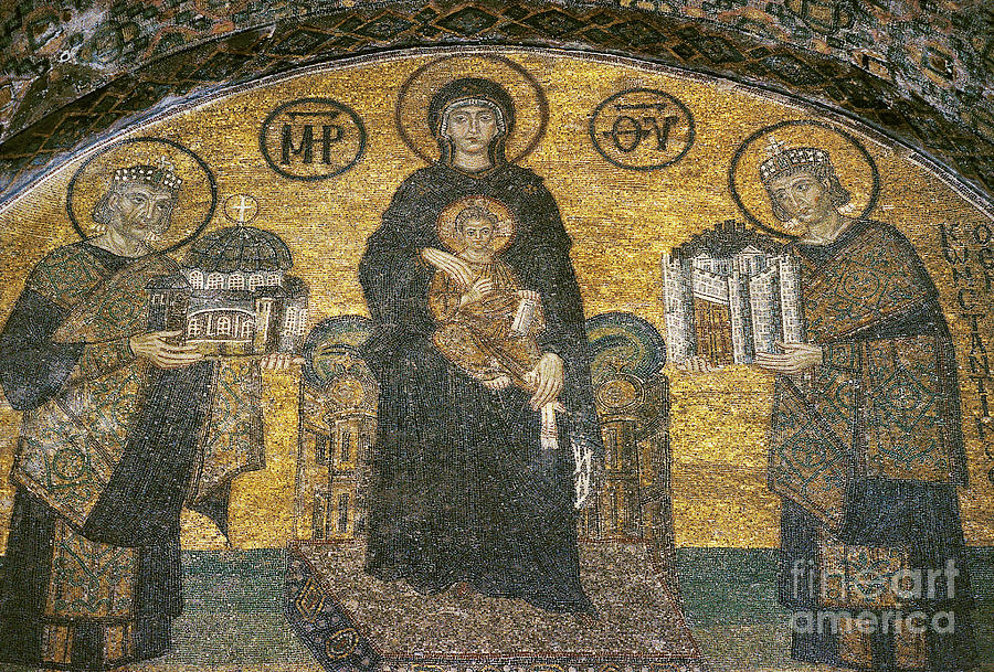 Virgin And Child Between The Emperors Justinian And Constantine At Hagia Sophia Mosaic Painting by Byzantine