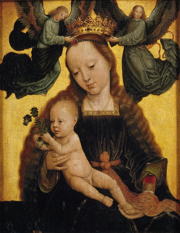 Virgin and Child with Angels, ca. 1520, Flemish School, Oil on panel, 34 cm x 2... Painting by Gerard David -c 1460-1523-