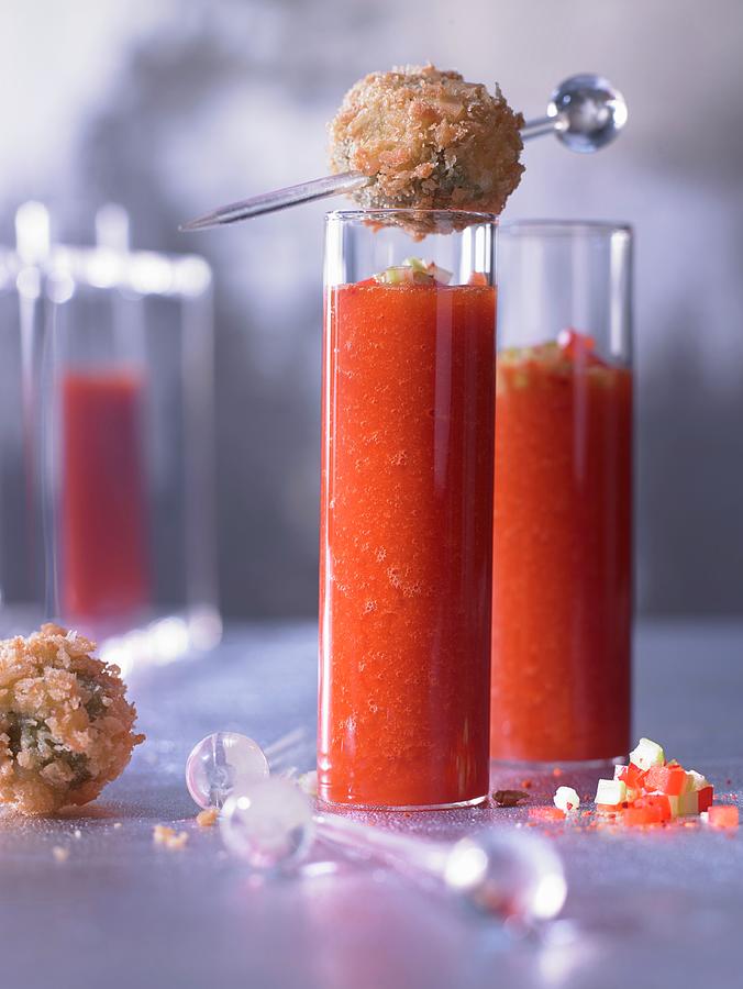 Virgin Bloody Mary Shots With Panko Olives Photograph by Jan-peter Westermann