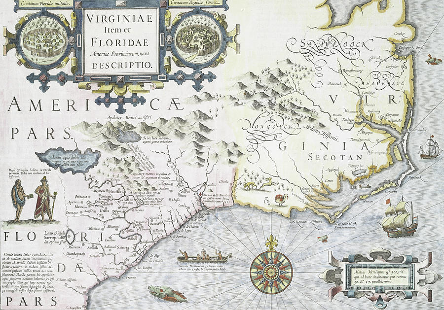 Virginiae item et Floridae Americae provinciarum, nova descriptio, 1636 Drawing by Jodocus Hondius