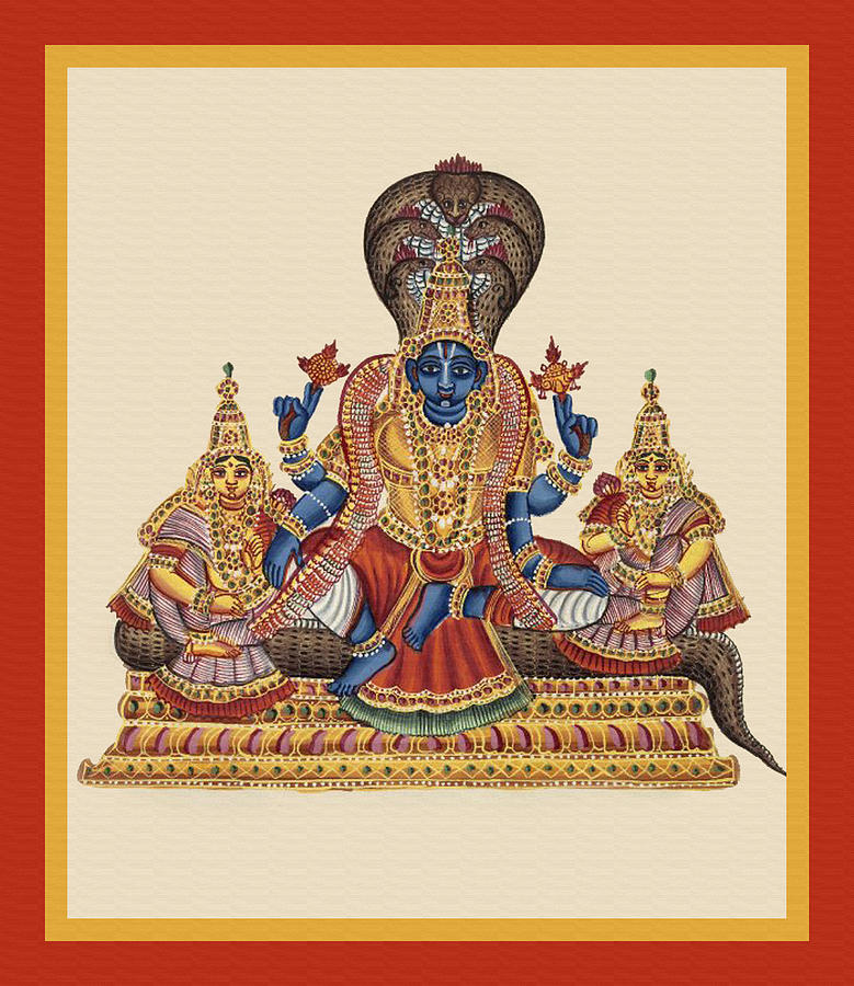 Vishnu sits on the coils of the serpent Shesha Painting by Unknown