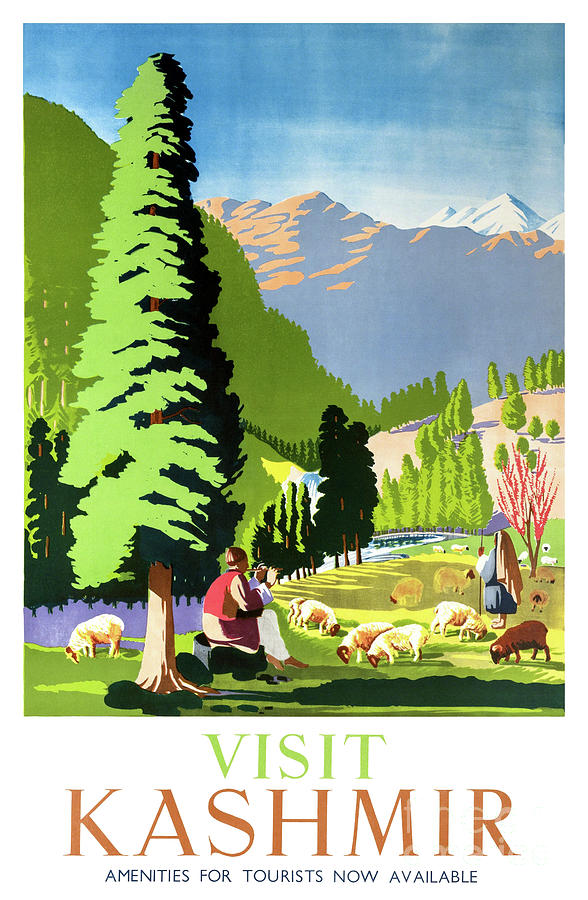 Visit Kashmir Vintage Travel Poster Restored Drawing