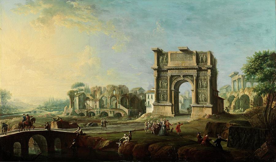 Visita de la reina Maria Amalia de Sajonia al Arco de Trajano en Benevento, ca. ... Painting by Antonio Joli -1700-1777-