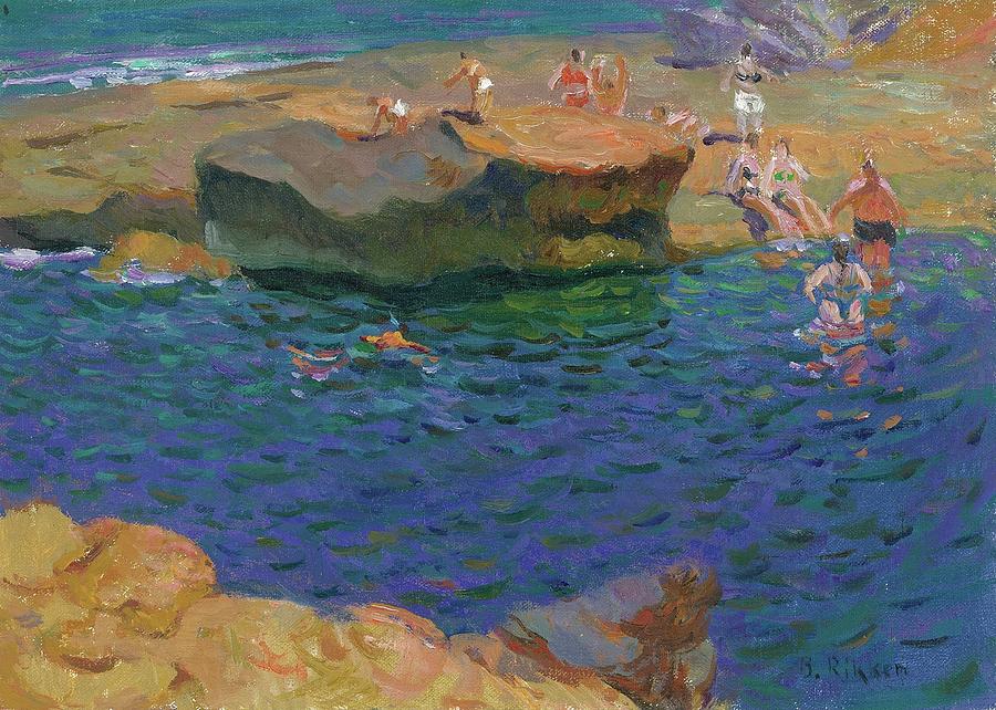 Swimming Painting - Visitors At La Caleta Sp by Ben Rikken Swimming Painting - Visitors At La Caleta Sp by Ben Rikken