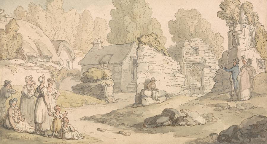 Visitors Inspecting Abbey Ruins Drawing by Thomas Rowlandson