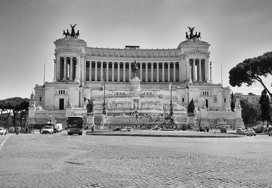 Vittorio Emanuele II Monument aka Altare della Patria Rome Italy Black and White Photograph by Shawn OBrien